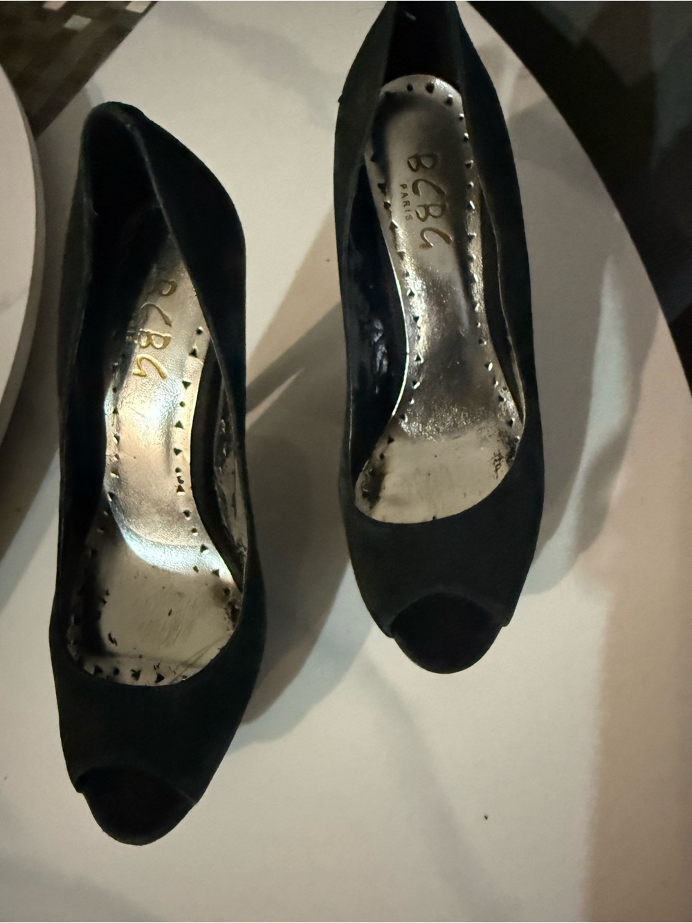 BCBG Black Suede Peep-Toe Pumps